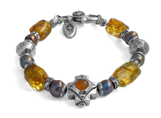 Elfcraft Armband Kreuz Carneol Bernstein Graue Süßwasserperlen Schwarze Diamanten 925 Sterling Silber Massiv Unisex
