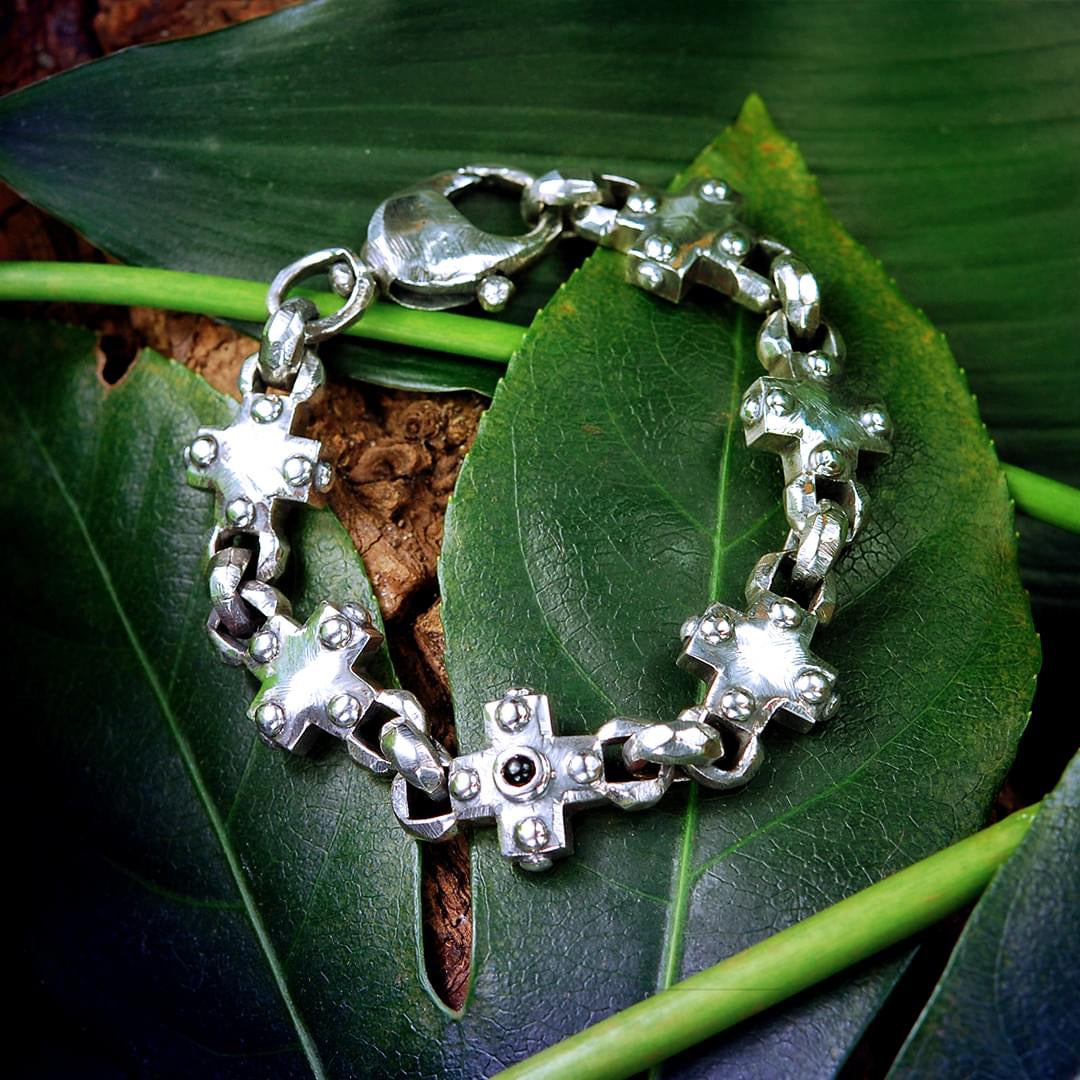 Elfcraft Erbsarmband Kreuz-Motive Onyx 925 Sterling Silber Massiv Lilien-Verschluss Unisex