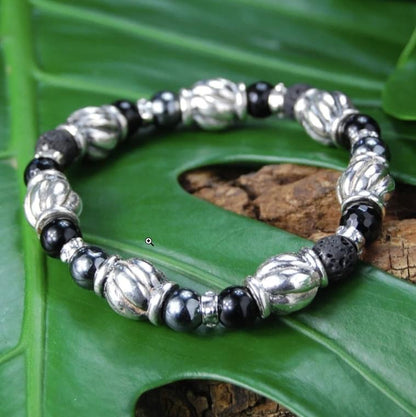 Elfcraft Armband Lava Onyx Hämatit Spiral-Silberelemente 925 Silber Dehnbar Unisex