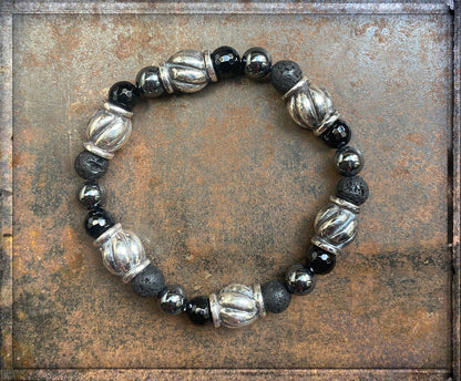 Elfcraft Armband Lava Onyx Hämatit Spiral-Silberelemente Sterling Silber Dehnbar Unisex