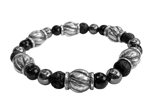 Elfcraft Armband Lava Onyx Hämatit Spiral-Silberelemente 925 Sterling Silber Dehnbar Unisex