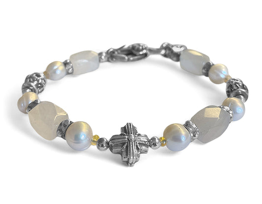 Elfcraft Armband  Kreuz Morning Star Cross 925 Sterling Silber Massiv Mondstein Süßwasserperlen Opale Unisex