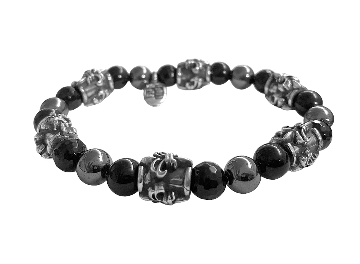 Elfcraft Armband Onyx Hämatit Lilien-Perlen Sterling Silber Dehnbar Unisex