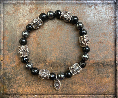 Elfcraft Armband Onyx Hämatit Lilien-Perlen 925 Sterling Silber Dehnbar Unisex