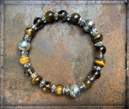 Elfcraft Armband Rauchquarz Tigerauge 925 Silber Dehnbar Unisex