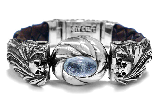 Elfcraft Armband Skulls Totenköpfe Aquamarin Cabochon Leder Geflochten 13 mm Breit Meteorit 925 Sterling Silber Massiv Unisex