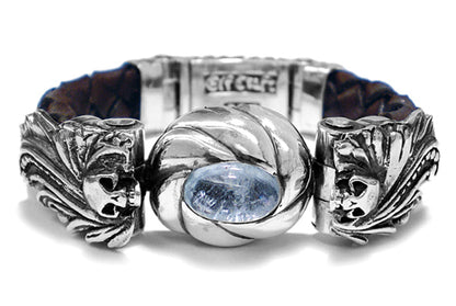 Elfcraft Armband Skulls Totenköpfe Aquamarin Cabochon Leder Geflochten 13 mm Breit Meteorit 925 Sterling Silber Massiv Unisex