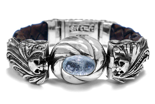 Elfcraft Armband Skulls Totenköpfe Aquamarin Cabochon Leder Geflochten 13 mm Breit Meteorit 925 Sterling Silber Massiv Unisex