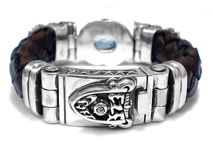 Elfcraft Armband Skulls Aquamarin Cabochon Leder Geflochten 13 mm Breit Meteorit Sterling Silber Massiv Unisex