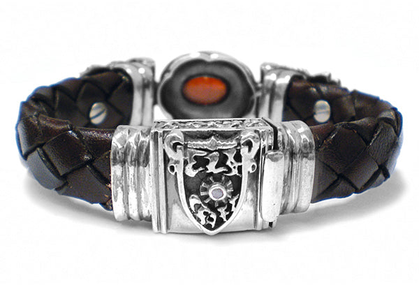 Elfcraft Armband Skulls Granat Cabochon Leder Geflochten 13 mm Breit Meteorit Sterling Silber Massiv Unisex