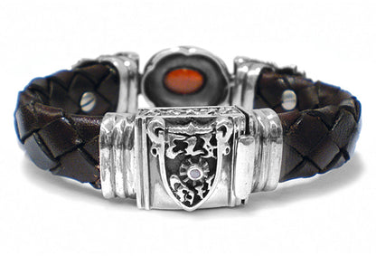 Elfcraft Armband Skulls Granat Cabochon Leder Geflochten 13 mm Breit Meteorit Sterling Silber Massiv Unisex