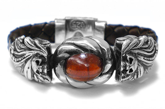 Elfcraft Armband Skulls Totenköpfe Granat Cabochon Leder Geflochten 13 mm Breit Meteorit 925 Sterling Silber Massiv Unisex