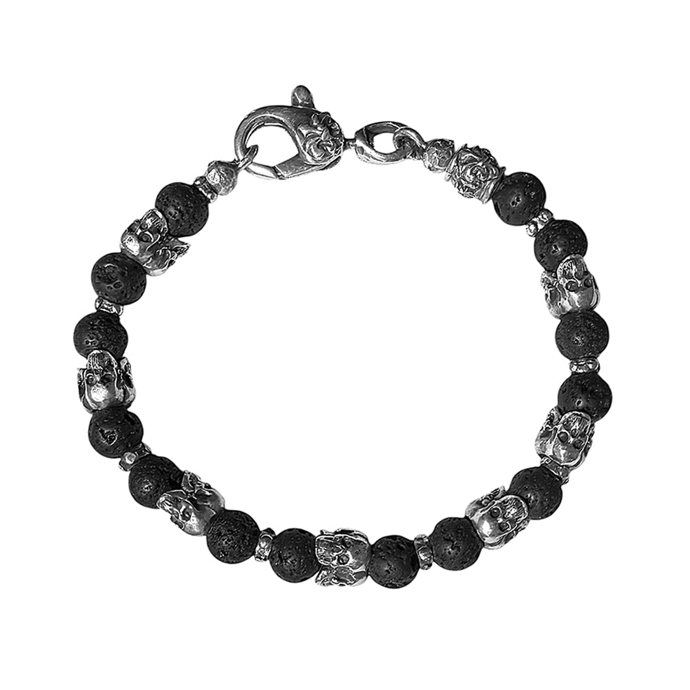 Elfcraft Armband Triple Skulls Totenköpfe Lavasteine 8 mm Breit 925 Sterling Silber Massiv