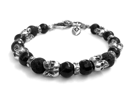 Elfcraft Armband Triple Skulls Totenköpfe Lavasteine Onyx 8 mm Breit 925 Sterling Silber Massiv