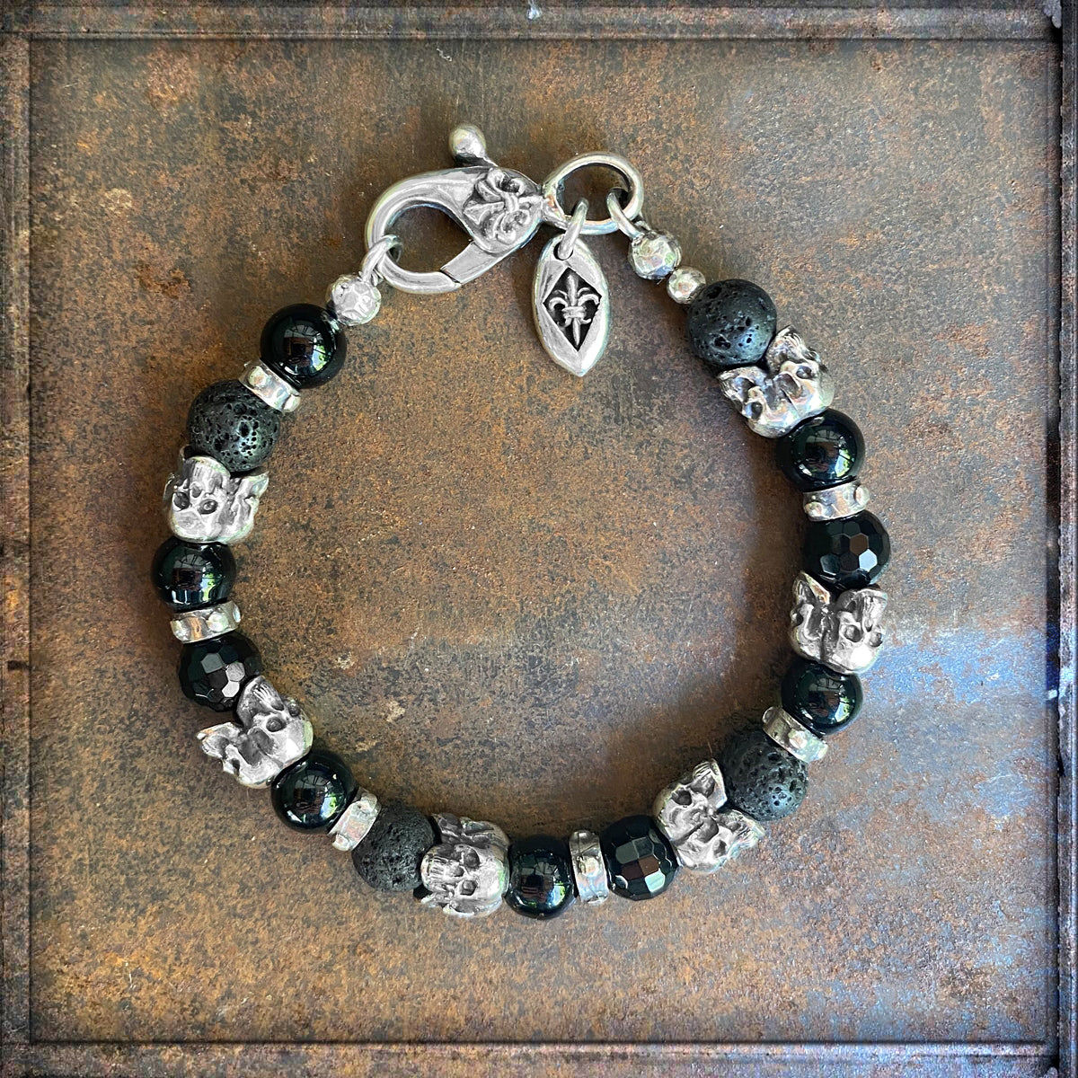 Elfcraft Armband Triple Skulls Totenköpfe Lavasteine Onyx 8 mm 925 Sterling Silber Massiv