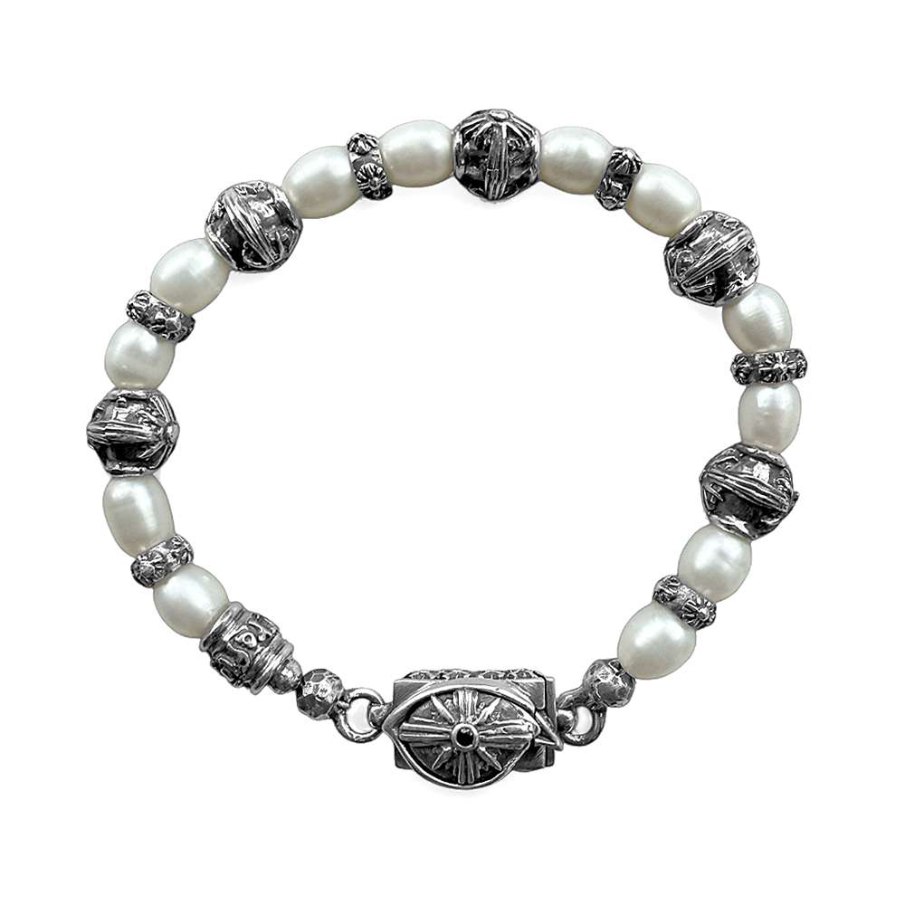 Elfcraft Armband The Third Eye View 925 Sterling Silber Massiv Weiße Süßwasserperlen Unisex