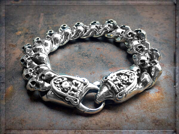 Elfcraft Skullarmband Panzerglieder Totenköpfe 925 Sterling Silber Massiv Meteoriten Markant