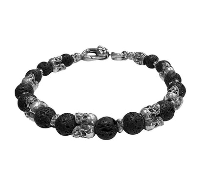 Elfcraft Armband Triple Skulls Totenköpfe Lavasteine 8 mm 925 Sterling Silber Massiv