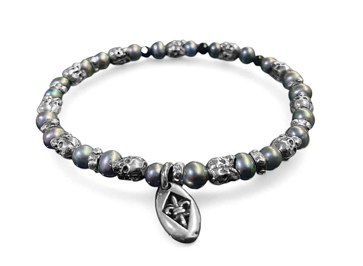 Elfcraft Armband Skulls 925 Sterling Silber Süßwasserperlen Grau Dehnbar Unisex