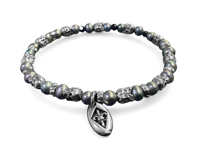 Elfcraft Armband Skulls 925 Sterling Silber Süßwasserperlen Grau Dehnbar Unisex