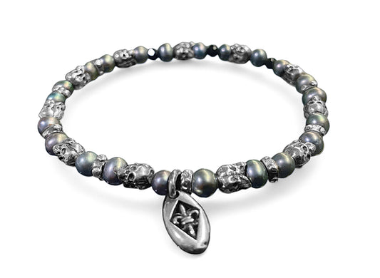 Elfcraft Armband Skulls 925 Sterling Silber Süßwasserperlen Grau Dehnbar Unisex