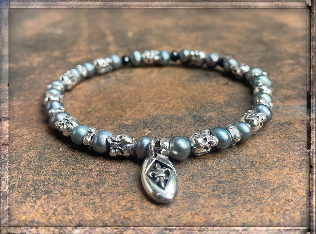 Elfcraft Armband Skulls 925 Silber Süßwasserperlen Grau Dehnbar Unisex