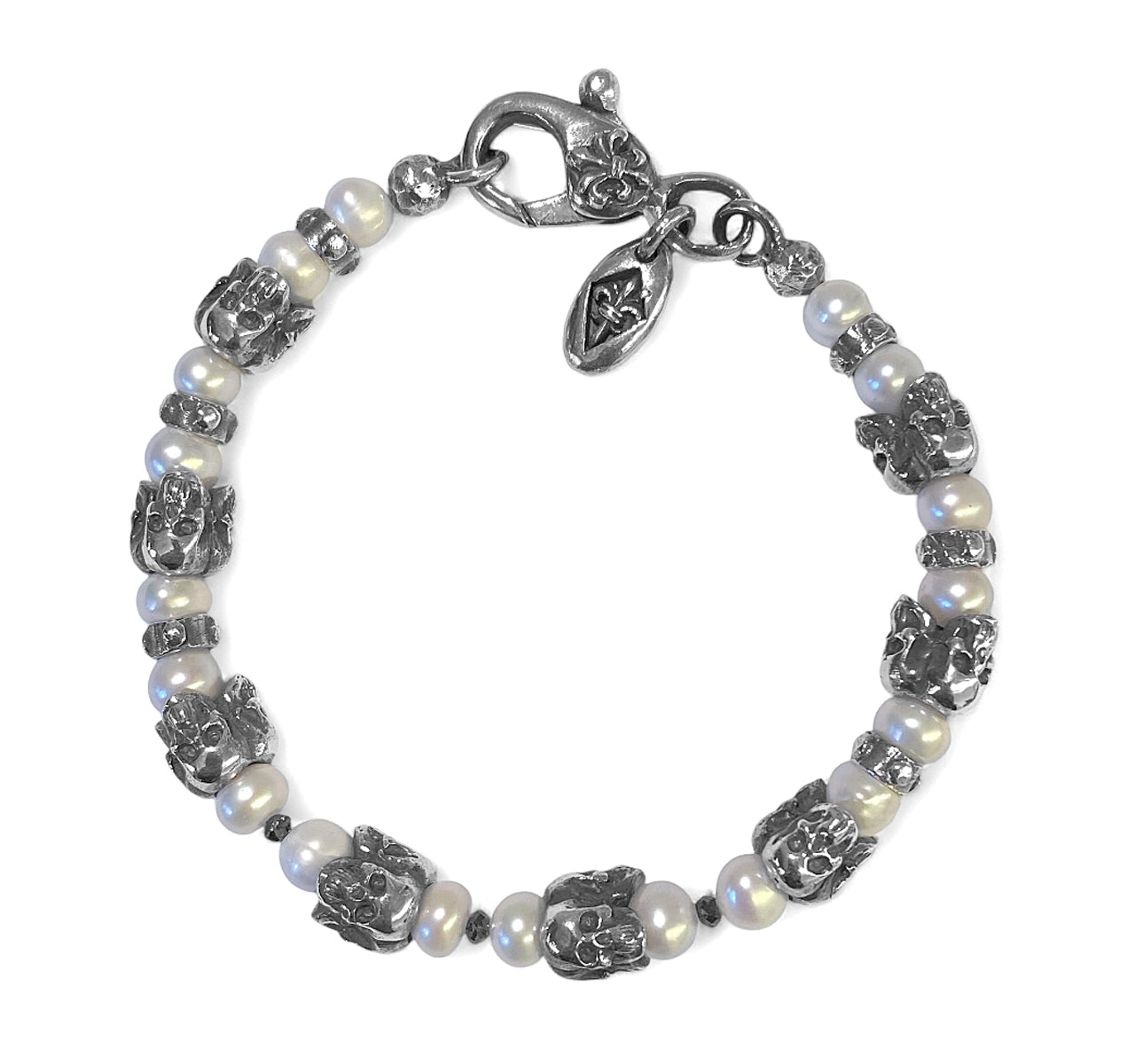 Elfcraft Armband Triple Skulls Totenköpfe Weiße Echte Perlen 8 mm Breit 925 Sterling Silber Massiv