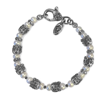 Elfcraft Armband Triple Skulls Totenköpfe Weiße Echte Perlen 8 mm Breit 925 Sterling Silber Massiv