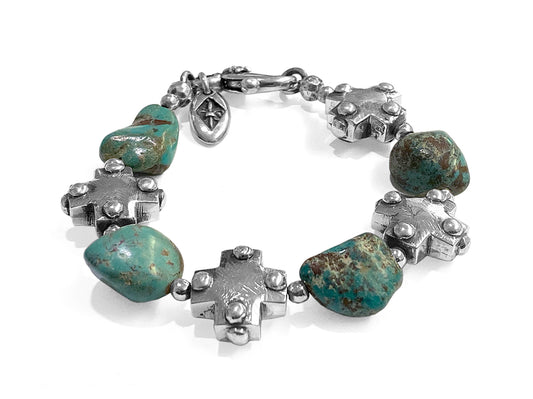 Elfcraft Armband Türkis-Nuggets Kreuze mit Dots 925 Sterling Silber Massiv