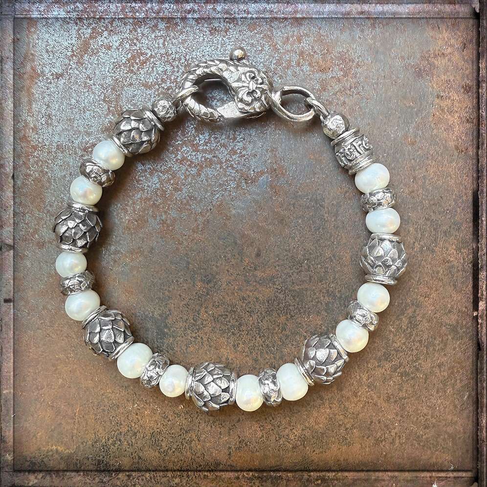 Elfcraft Armband Dragon Scales Weiße Süßwasserperlen Sterling Silber Massiv Unisex