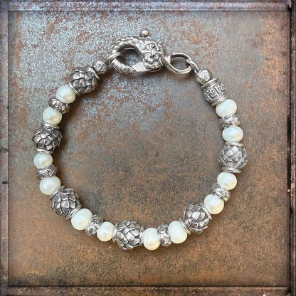 Elfcraft Armband Dragon Scales Weiße Süßwasserperlen Sterling Silber Massiv Unisex