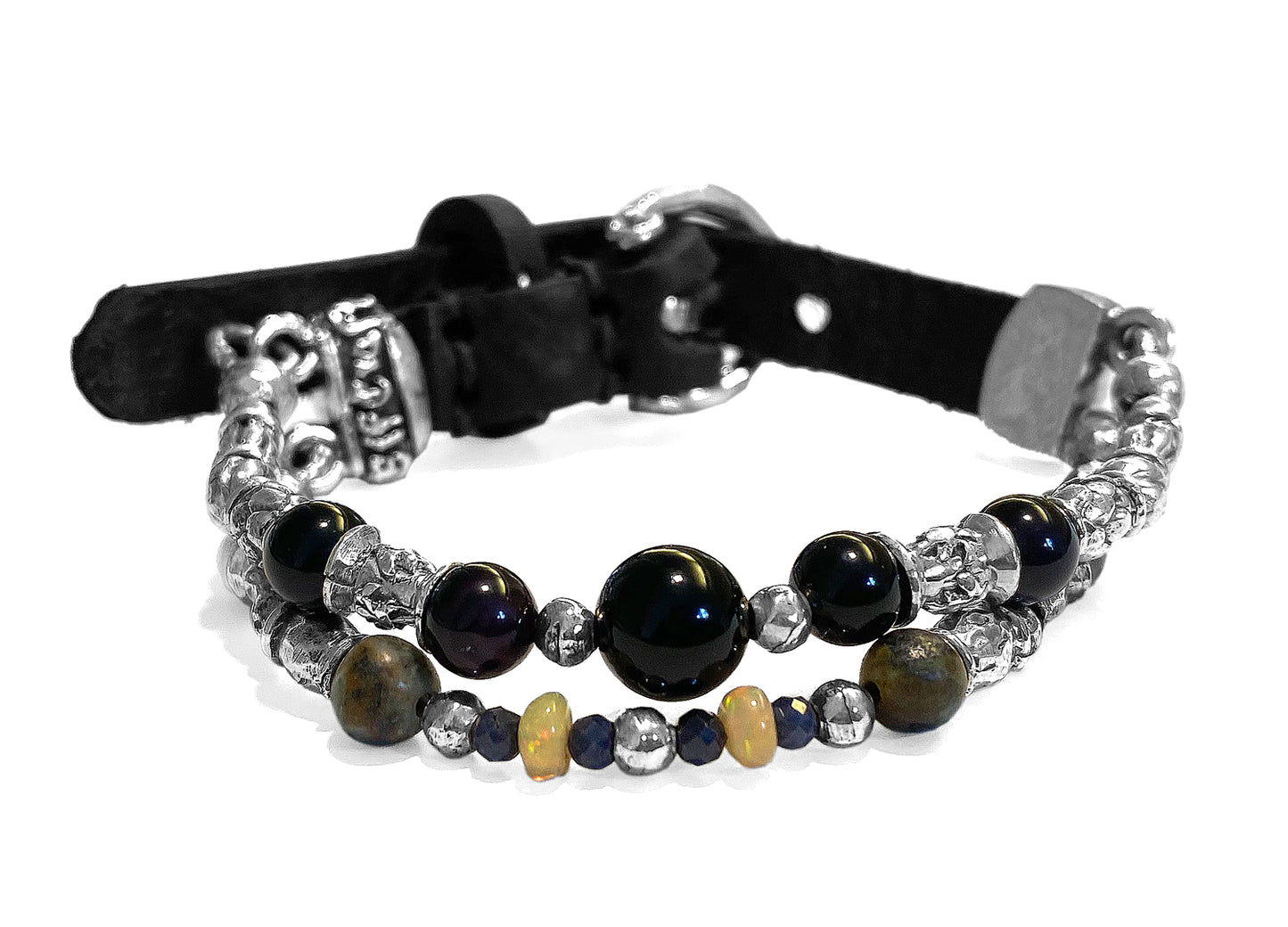 Elfcraft Armband Zweireihig Opale Brillanten Onyx Afrikanischer Türkis 925 Sterling Silber Leder Schwarz Unisex