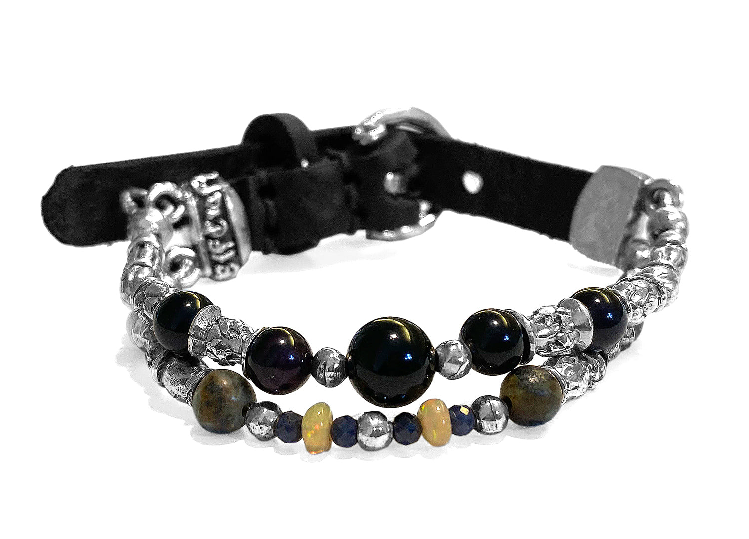 Elfcraft Armband Zweireihig Opale Brillanten Onyx Afrikanischer Türkis 925 Sterling Silber Leder Schwarz Unisex
