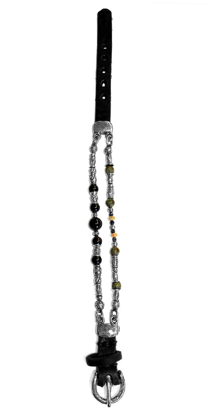 Elfcraft Armband Zweireihig Opale Brillanten Onyx Afrikanischer Türkis Sterling Silber Leder Schwarz Unisex
