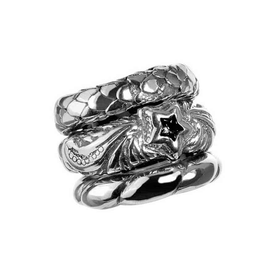 Elfcraft Bandring Dreireihig Breit 925 Sterling Silber Zirkonia Stern Schwarz Drachenschuppen-Optik Magic-Plant Motive Unisex