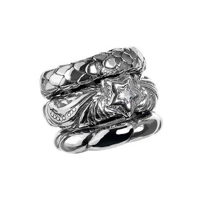 Elfcraft Bandring Dreireihig Breit 925 Sterling Silber Zirkonia Stern Weiß Drachenschuppen-Optik Magic-Plant Motive Unisex