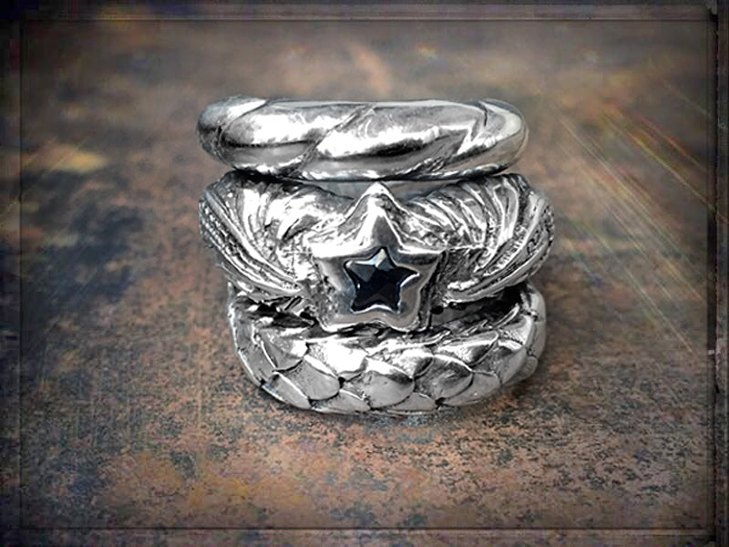 Elfcraft Bandring Dreireihig Breit 925 Sterling Silber Zirkonia Stern Schwarz Drachenschuppen-Optik Magic-Plant Motive Unisex