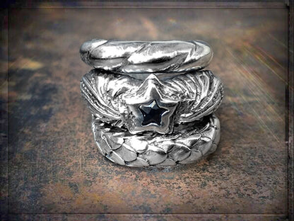 Elfcraft Bandring Dreireihig Breit 925 Sterling Silber Zirkonia Stern Schwarz Drachenschuppen-Optik Magic-Plant Motive Unisex