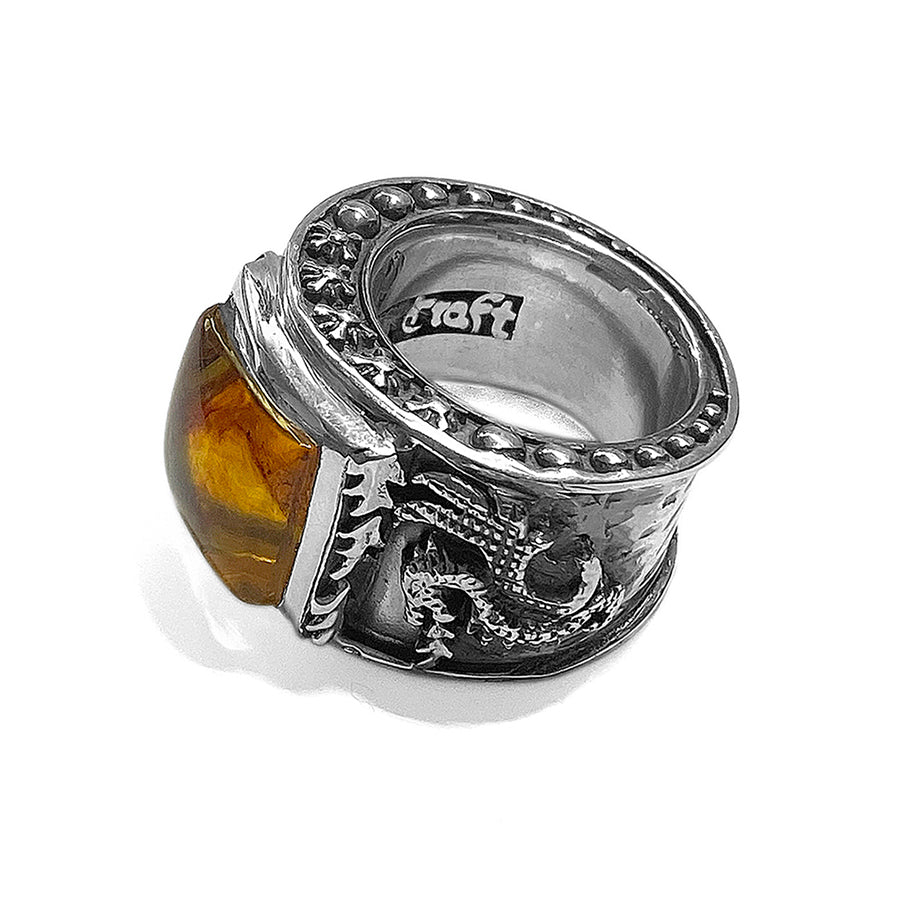 Elfcraft Bandring Bernstein Cabochon Eckig Drachen-Motiv 925 Sterling Silber Massiv
