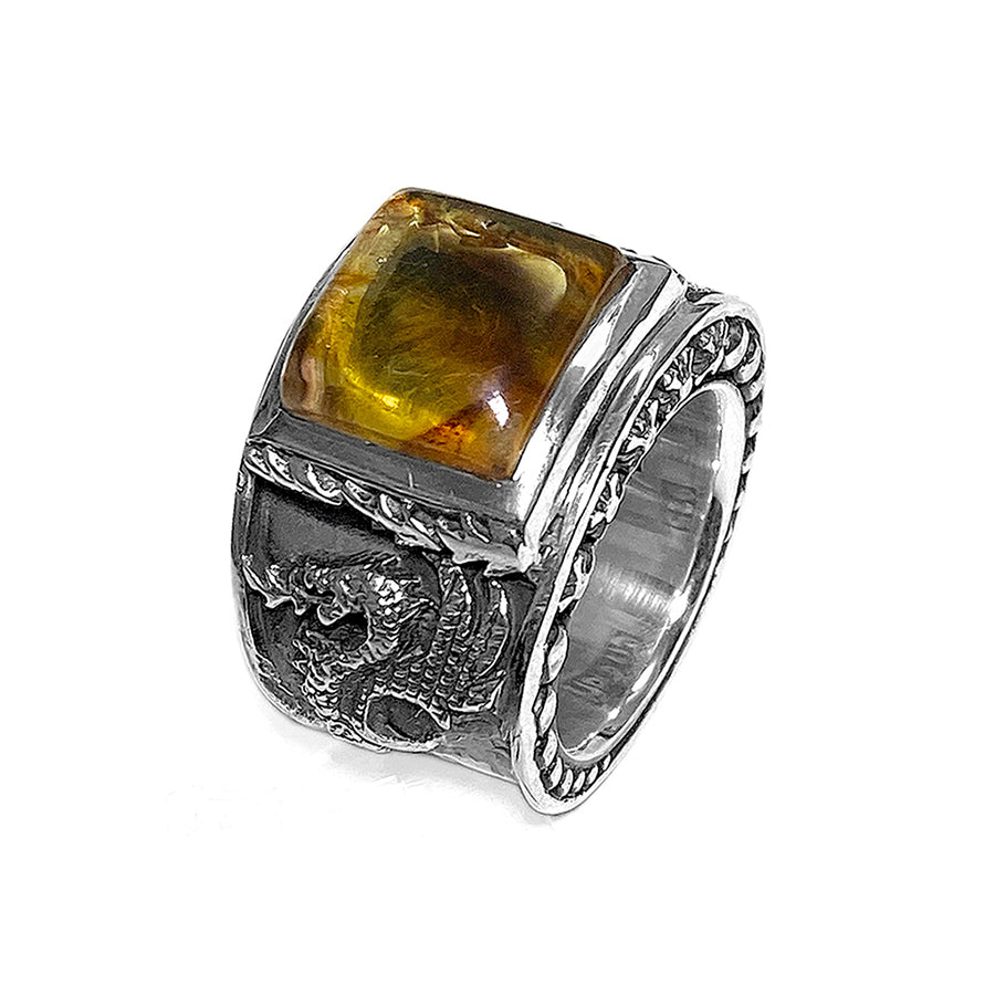 Elfcraft Bandring Bernstein Eckig Drachen-Motiv 925 Sterling Silber Massiv Unisex