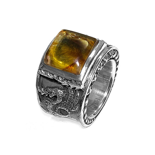 Elfcraft Bandring Bernstein Eckig Drachen-Motiv 925 Sterling Silber Massiv Unisex