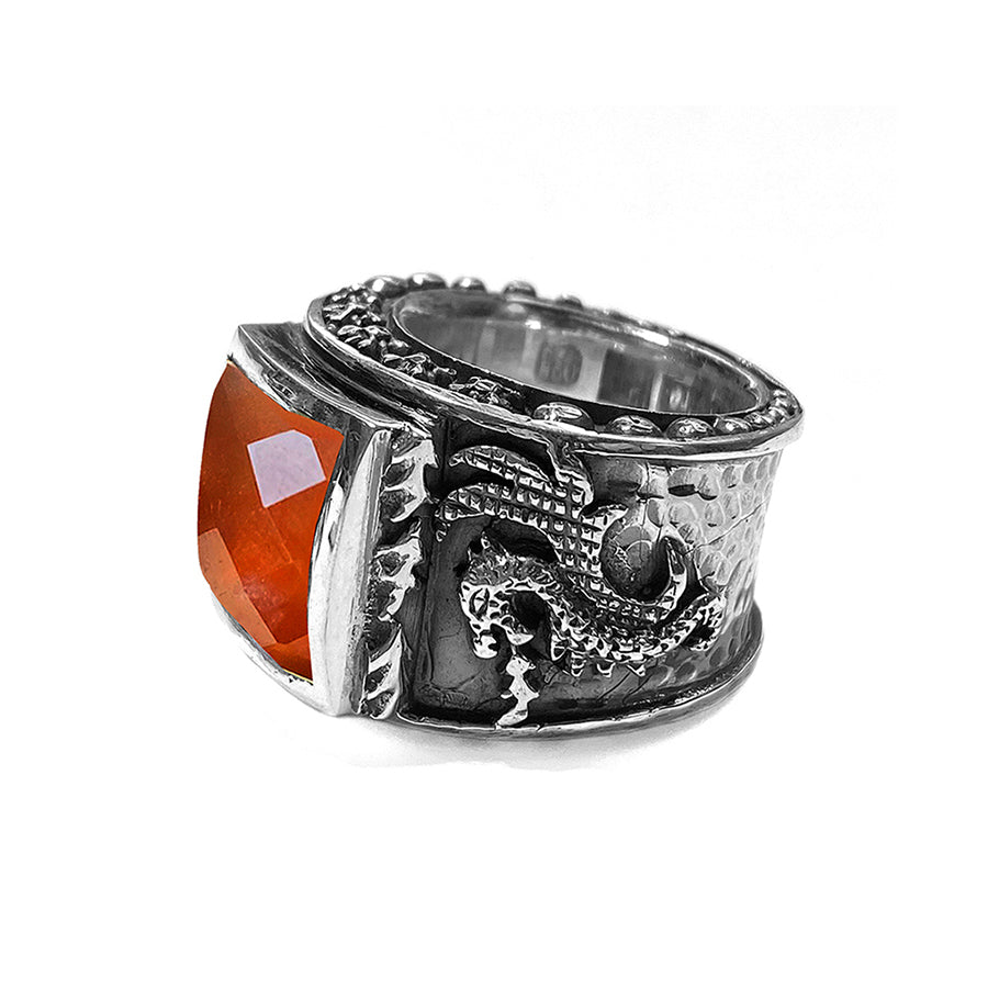 Elfcraft Bandring Carneol Facettiert Eckig Drachen-Motiv Sterling Silber Massiv