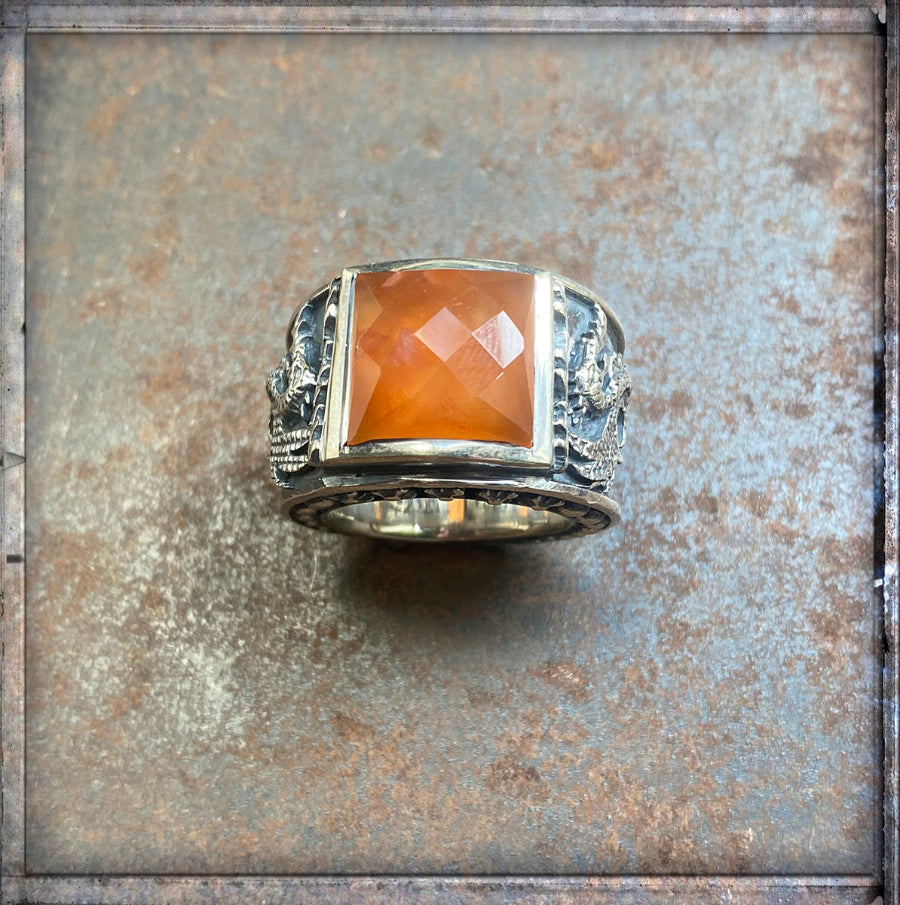 Elfcraft Bandring Carneol Facettiert Eckig Drachen-Motiv 925 Sterling Silber Massiv Unisex