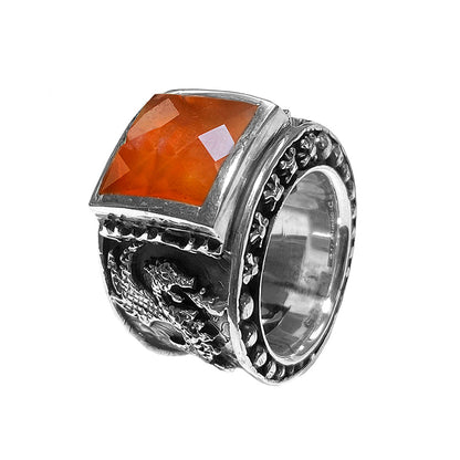 Elfcraft Bandring Carneol Facettiert Eckig Drachen-Motiv 925 Sterling Silber Massiv