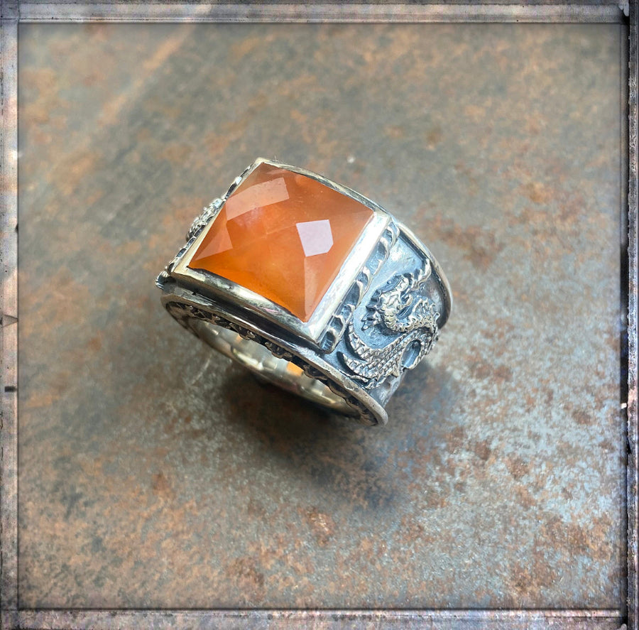 Elfcraft Bandring Carneol Facettiert Eckig Drachen-Motiv 925 Silber Massiv