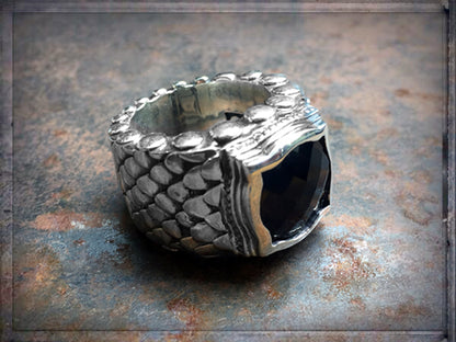 Elfcraft Bandring Drachenschuppen-Optik Zirkonia Schwarz 925 Sterling Silber Massiv Unisex Seitlich