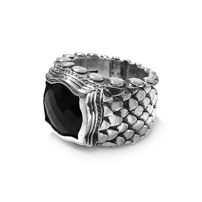 Elfcraft Bandring Drachenschuppen-Optik Zirkonia Schwarz 925 Sterling Silber Massiv Unisex