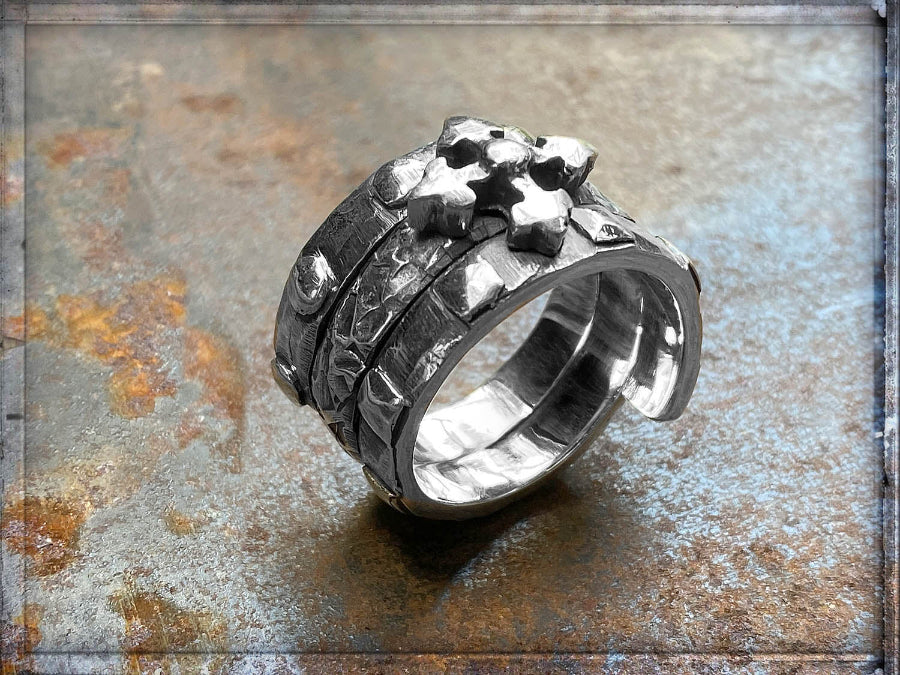 Elfcraft Bandring Dreireihig Kreuz-Motiv Sterling Silber Massiv Unisex