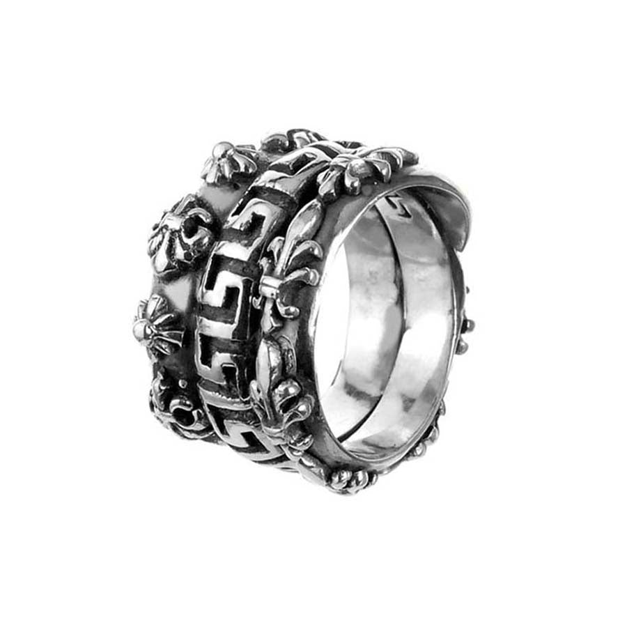Elfcraft Bandring Dreireihig Breit Lilien-Motive 925 Sterling Silber Massiv Unisex