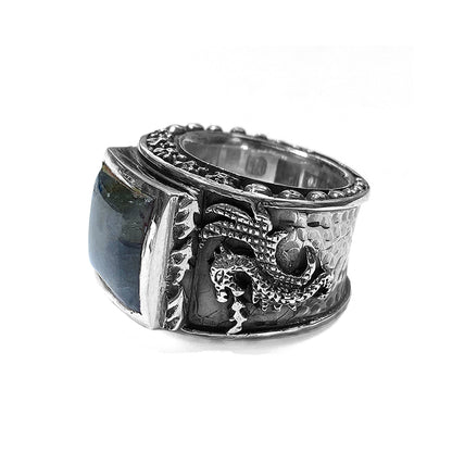 Elfcraft Bandring Labradorit Cabochon Eckig Drachen-Motiv 925 Sterling Silber Massiv Unisex Seitlich
